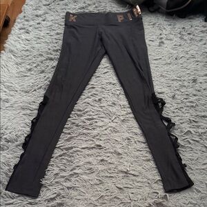 PINK Victoria's Secret Gray Leggings with Black Lace-Up Sides